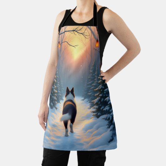 Border Collie Snowy Forest Walk Holiday Painting Schürze (InSitu)