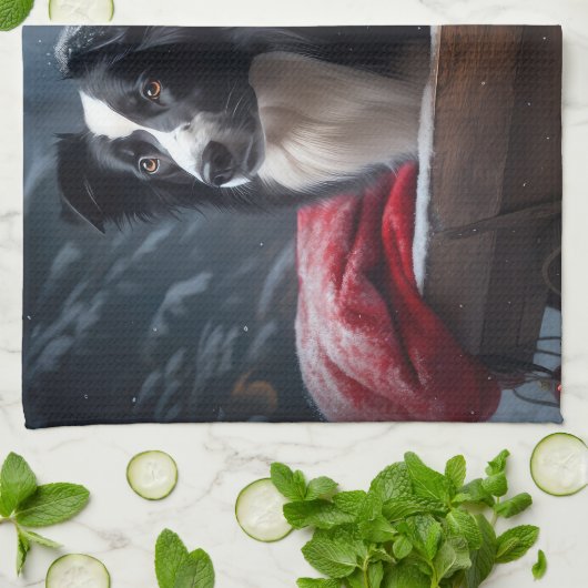 Border Collie Snowy Sleigh Weihnachtsdekor Geschirrtuch (Gefaltet)