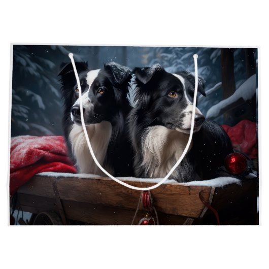Border Collie Snowy Sleigh Weihnachtsdekor Große Geschenktüte (Rückseite)