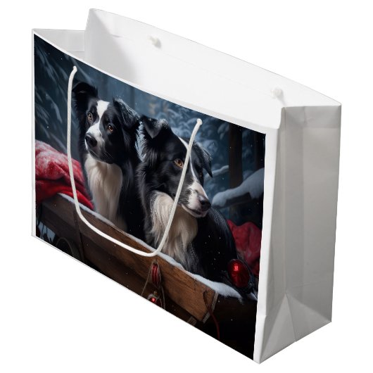 Border Collie Snowy Sleigh Weihnachtsdekor Große Geschenktüte (Vorderseite Schrägansicht)