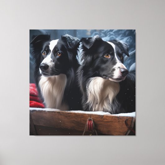 Border Collie Snowy Sleigh Weihnachtsdekor Leinwanddruck (Vorderseite)