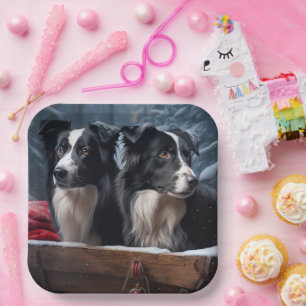Border Collie Snowy Sleigh Weihnachtsdekor Pappteller