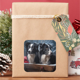 Border Collie Snowy Sleigh Weihnachtsdekor Quadratischer Aufkleber