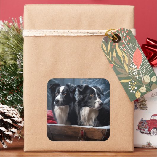 Border Collie Snowy Sleigh Weihnachtsdekor Quadratischer Aufkleber (Feiertag)