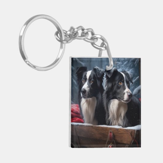 Border Collie Snowy Sleigh Weihnachtsdekor Schlüsselanhänger (Vorderseite links)