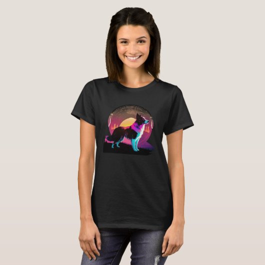 Border Collie Synthwave 80s Retrowave Aesthetic T-Shirt (Vorne ganz)