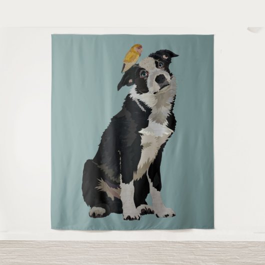 BORDER-COLLIE U. GOLDENER VOGEL WANDTEPPICH (Vorderseite)