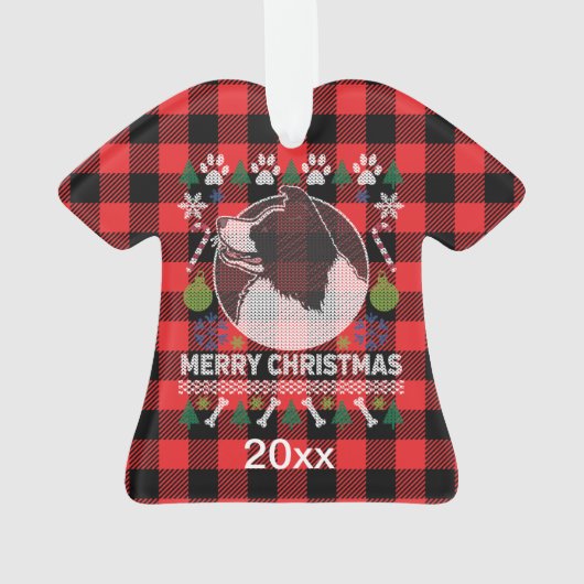Border Collie Ugly Christmas Sweater Red Kariert Ornament (Rückseite)