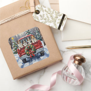 Border Collie Weihnachten Rotes Lastwagen Ferien Quadratischer Aufkleber