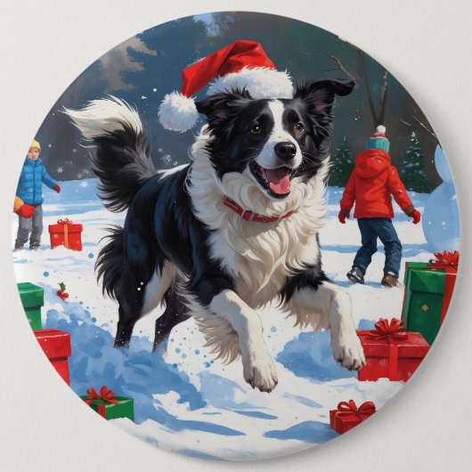 Border Collie Weihnachts-Schneeszene Button (Vorderseite)