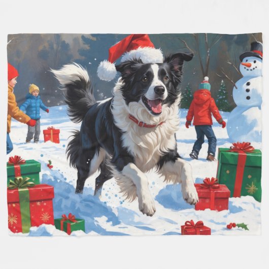 Border Collie Weihnachts-Schneeszene Fleecedecke (Vorderseite (Horizontal))