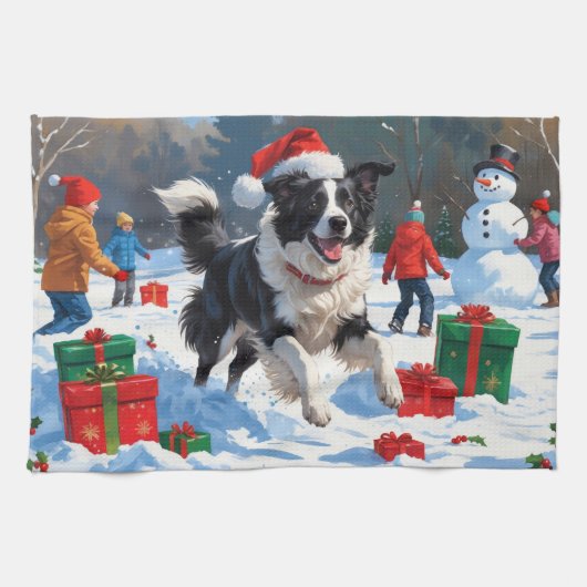 Border Collie Weihnachts-Schneeszene Geschirrtuch (Horizontal)