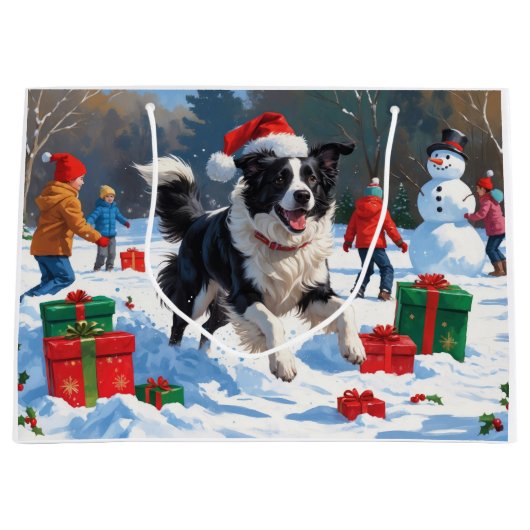 Border Collie Weihnachts-Schneeszene Große Geschenktüte (Vorderseite)