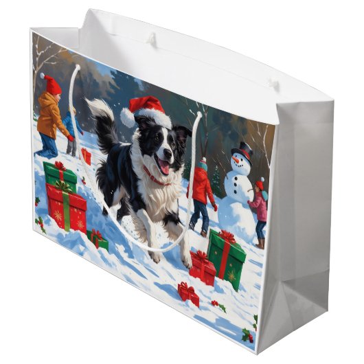 Border Collie Weihnachts-Schneeszene Große Geschenktüte (Rückseite Schrägansicht)