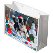 Border Collie Weihnachts-Schneeszene Große Geschenktüte (Vorderseite Schrägansicht)