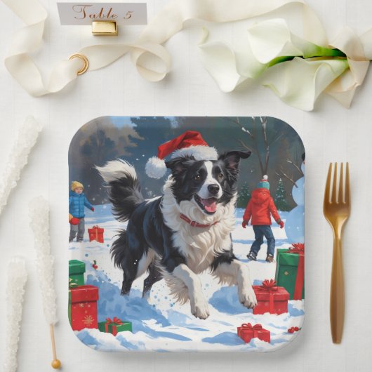 Border Collie Weihnachts-Schneeszene Pappteller (Hochzeit)