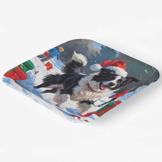 Border Collie Weihnachts-Schneeszene Pappteller (Gewinkelt)
