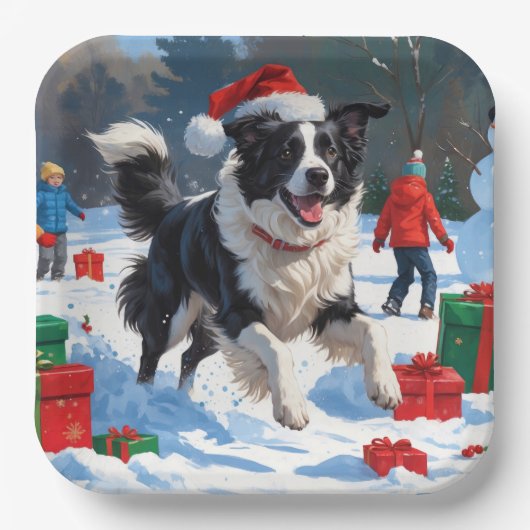 Border Collie Weihnachts-Schneeszene Pappteller (Vorderseite)