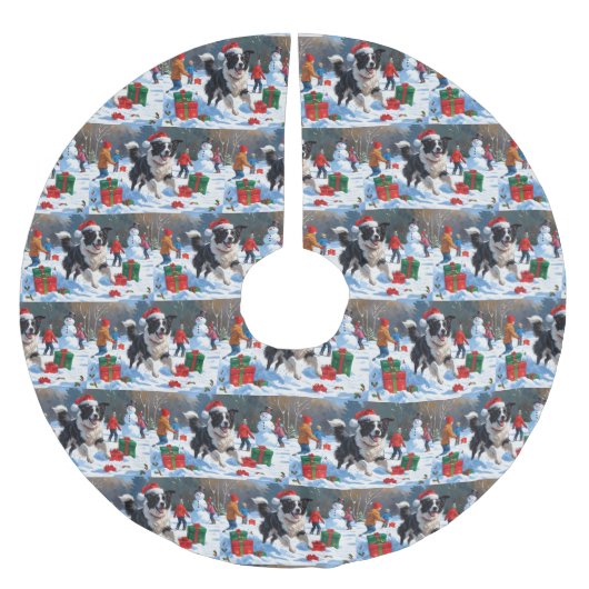 Border Collie Weihnachts-Schneeszene Polyester Weihnachtsbaumdecke (Vorderseite)