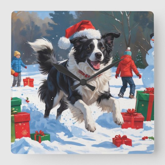 Border Collie Weihnachts-Schneeszene Quadratische Wanduhr (Vorderseite)