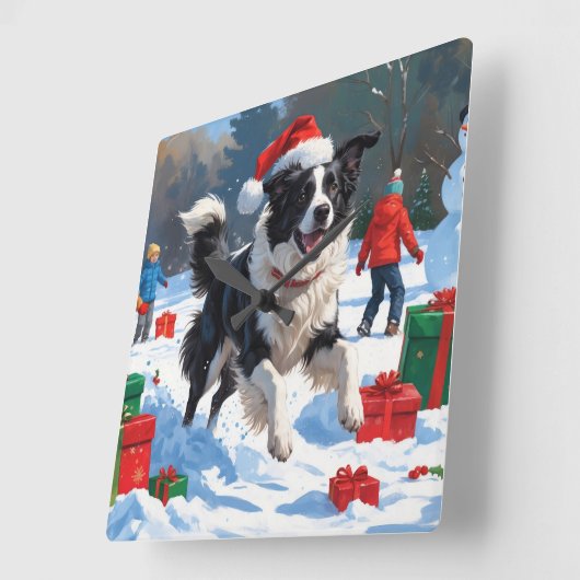 Border Collie Weihnachts-Schneeszene Quadratische Wanduhr (Winkel)