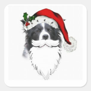 Border Collie Weihnachtsaufkleber~Santa mit Bart Quadratischer Aufkleber