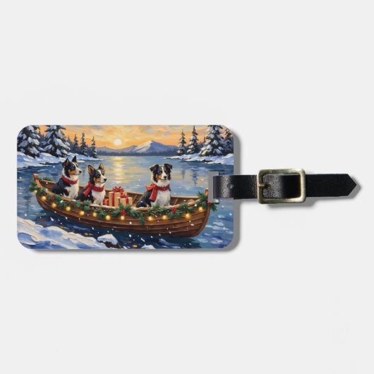 Border Collie Weihnachtsboot Urlaub Gepäckanhänger (Vorderseite horizontal)