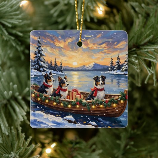 Border Collie Weihnachtsboot Urlaub Keramikornament (Baum)