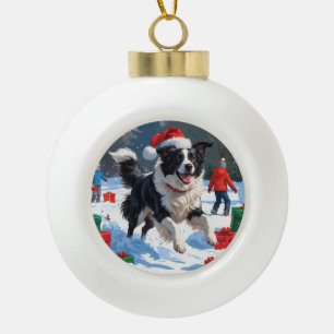 Border Collie Weihnachtsfestliche Schneeszene Keramik Kugel-Ornament