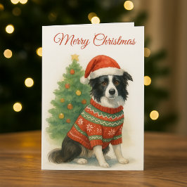 Border Collie Weihnachtsmannmütze & Baum Feiertagskarte