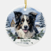 Border Collie Weihnachtsschnee Evergreen Hund Name Keramik Ornament (Vorne)