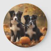 Border Collie Welpe Autumn Delight Pumpen Große Wanduhr (Vorderseite)