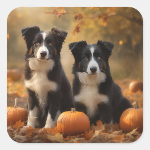 Border Collie Welpe Herbstfreude Kürbis Quadratischer Aufkleber