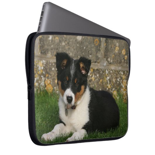 Border-Collie-Welpe mit Blatt im Mund Laptopschutzhülle (Vorne Rechts)