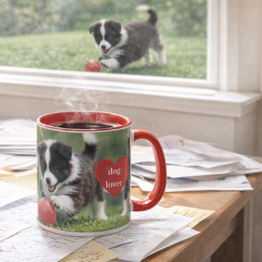 Border Collie Welpe mit rotem Ball Kaffee Tasse