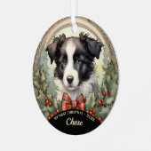 Border Collie Welppy's First Christmas Ornament (Vorderseite links)