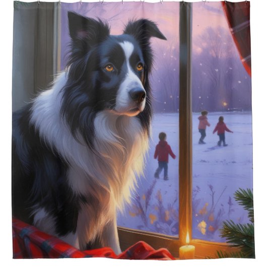 Border Collie With Christmas Lights Holiday Duschvorhang (Vorderseite)
