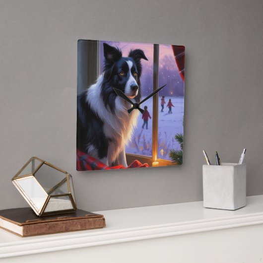 Border Collie With Christmas Lights Holiday Quadratische Wanduhr (Büro)