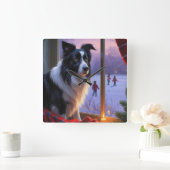 Border Collie With Christmas Lights Holiday Quadratische Wanduhr (Zuhause)