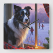 Border Collie With Christmas Lights Holiday Quadratische Wanduhr (Vorderseite)