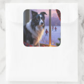 Border Collie With Christmas Lights Holiday Quadratischer Aufkleber (Tasche)