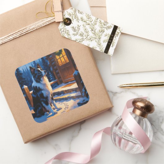 Border Collie With Christmas Lights Holiday Quadratischer Aufkleber (Schenken)