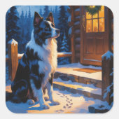 Border Collie With Christmas Lights Holiday Quadratischer Aufkleber (Vorderseite)