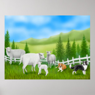 Border Collies & Sheep Flock Print Poster