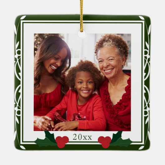 Border Green White Holly Familie Weihnachten Keramikornament (Rückseite)