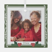 Border Green White Holly Familie Weihnachten Ornament Aus Glas (Vorderseite)