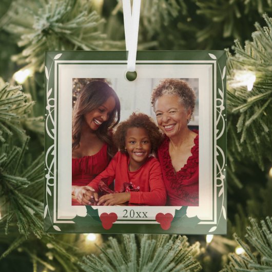 Border Green White Holly Familie Weihnachten Ornament Aus Glas (Insitu)