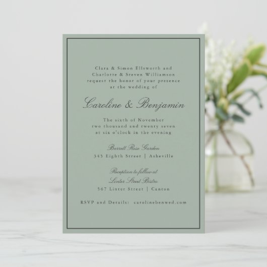Border Script Elegant Wedding Olive Gray RSVP Einladung (Stehend Vorderseite)