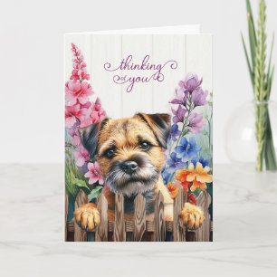 Border Terrier Hund mit Gladiolus In Gedanken bei Karte
