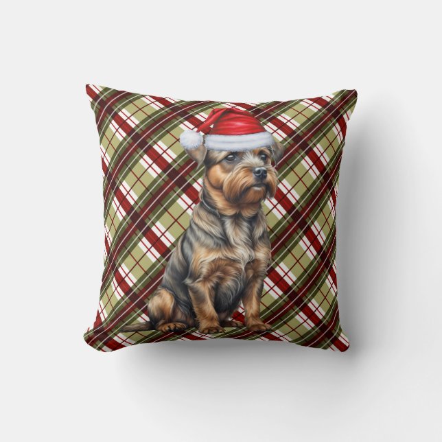 Border Terrier Red Green Karierter Weihnachtshund Kissen (Vorderseite)